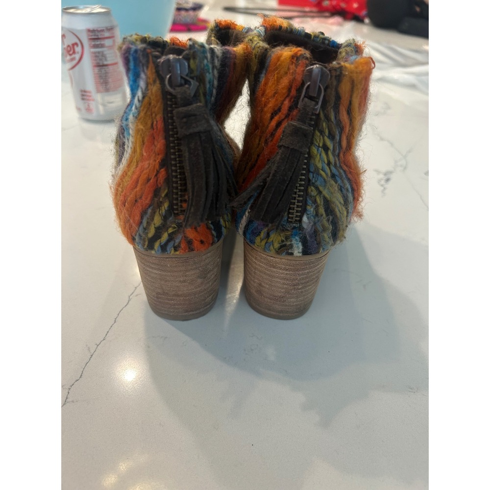 TOMS Ankle Booties Brown Suede Multi-Color Woven Tassel Zip Block Heel Boots - Picture 5 of 8